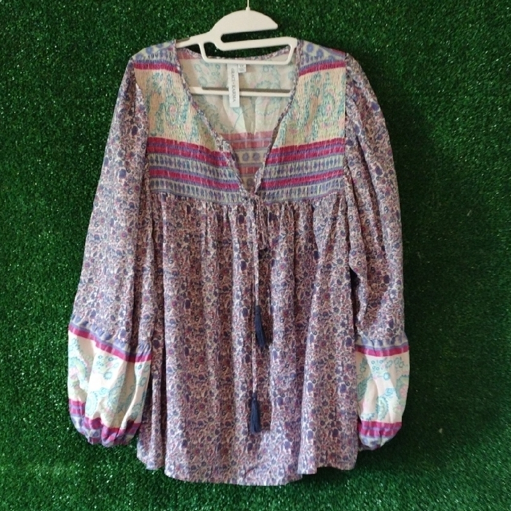 Pink and Purple Long Sleeve Tie Front Blouse
